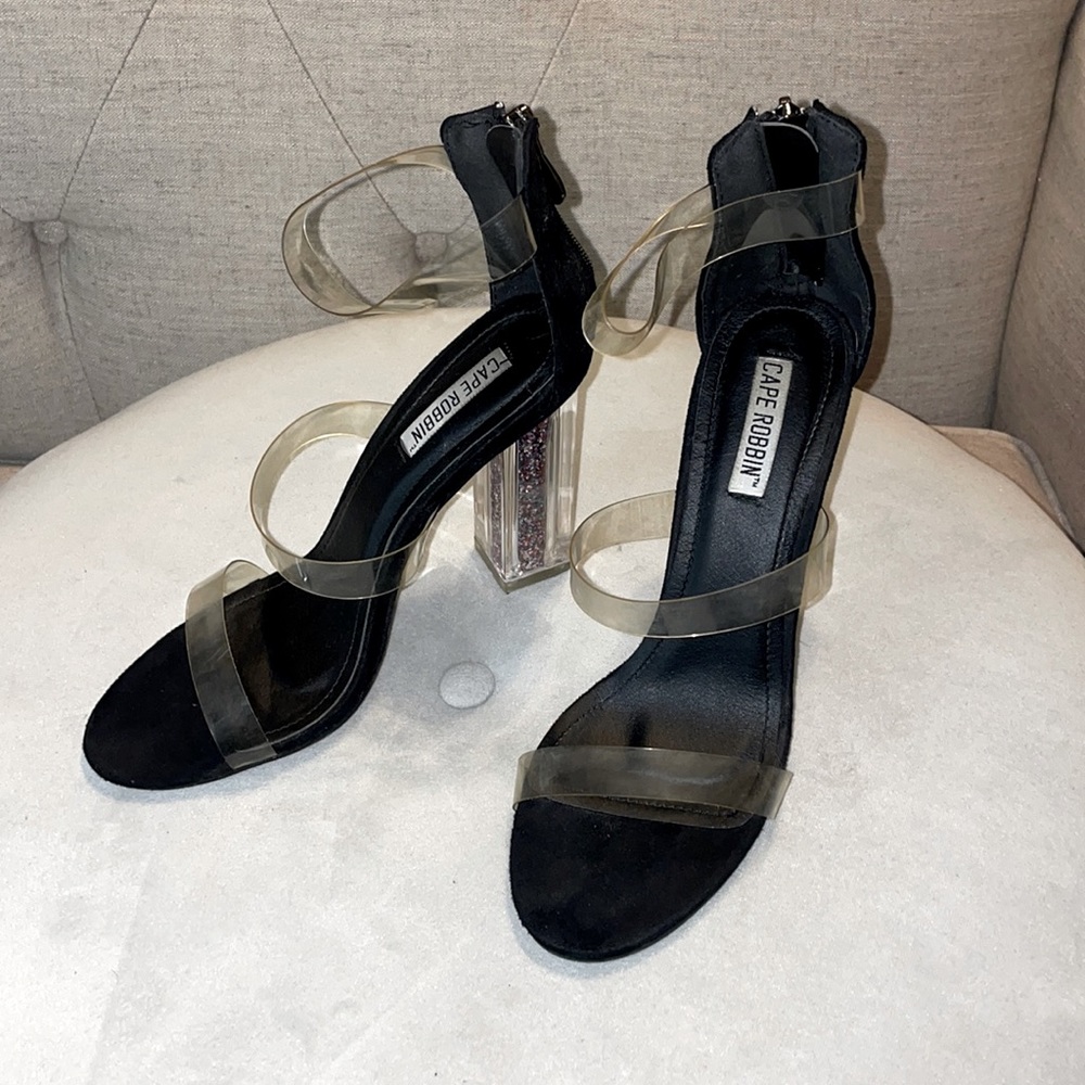 Clear strap glitter heels
